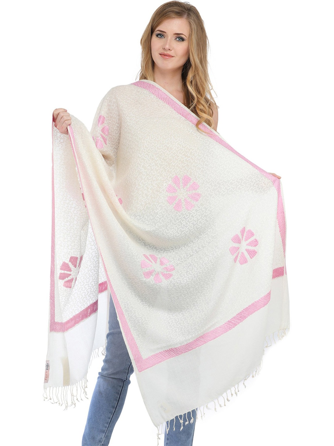 

Exotic India Ivory Pure Wool Designer Aari Embroidered Flowers Stole, White