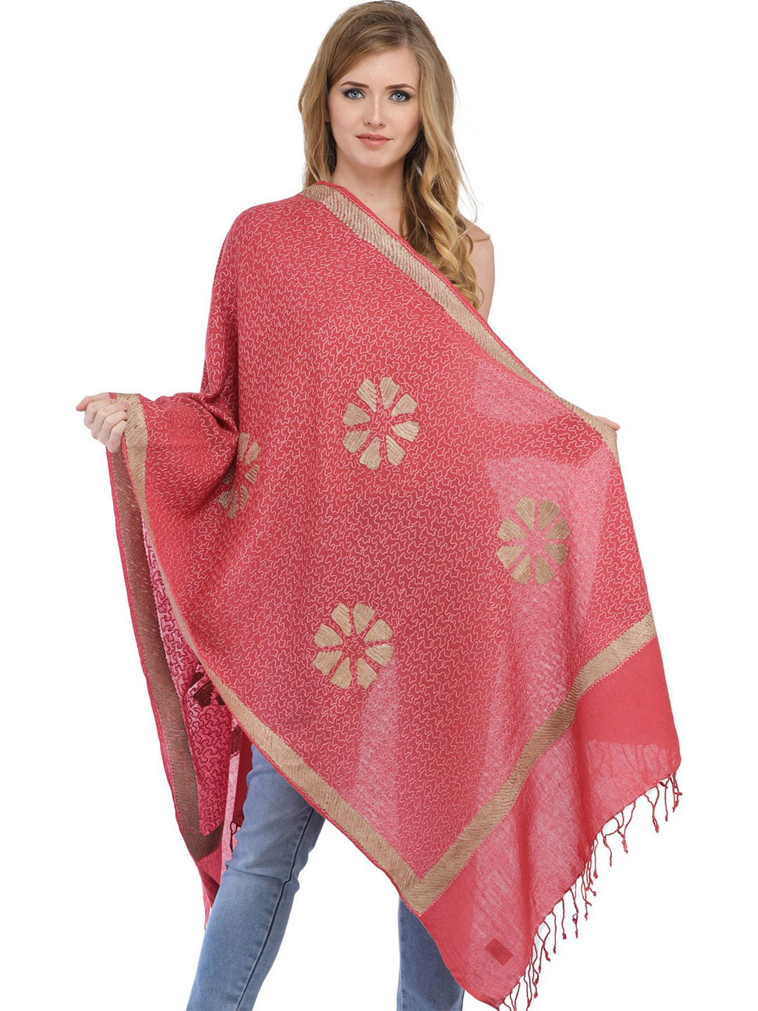 

Exotic India Mauveglow Pure Wool Designer Aari Embroidered Flowers Stole, Red