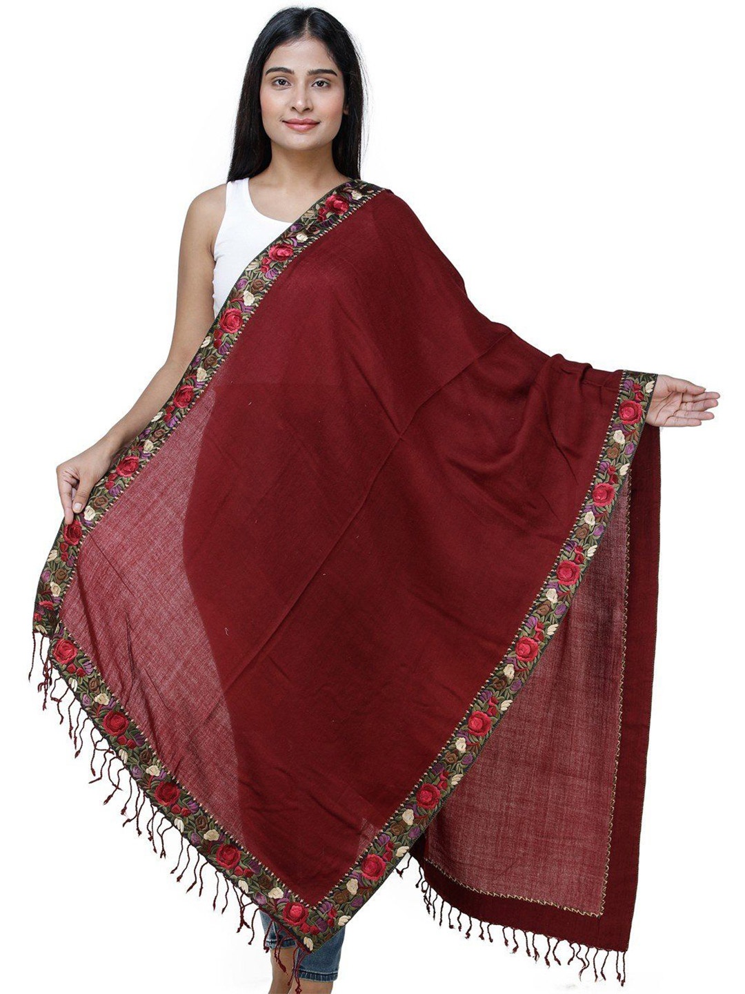

Exotic India Maroon Pure Wool Stole with Embroidered Floral Patch Border