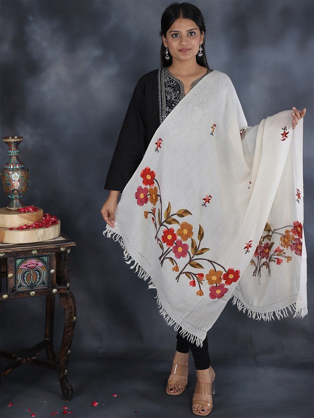 

Exotic India Pure Wool Kashmiri Stole with Floral Aari Hand Embroidery, White