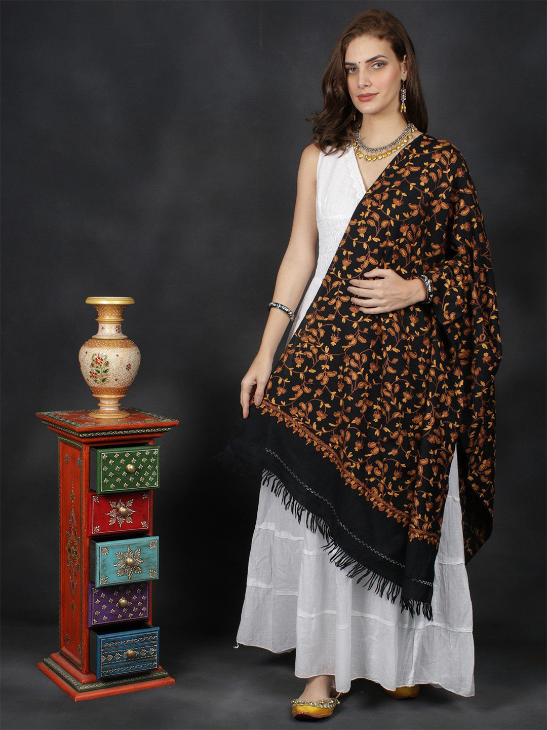 

Exotic India Black Aari Embroidered Paisley Jaal by Hand Pure Wool Kahsmiri Stole