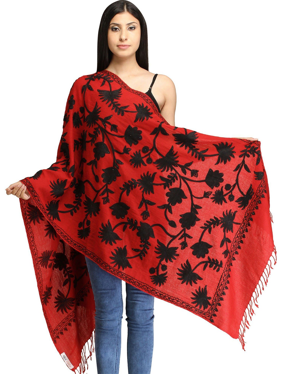 

Exotic India Rococco Red Pure Wool Stole with Aari Embroidery and Crystals