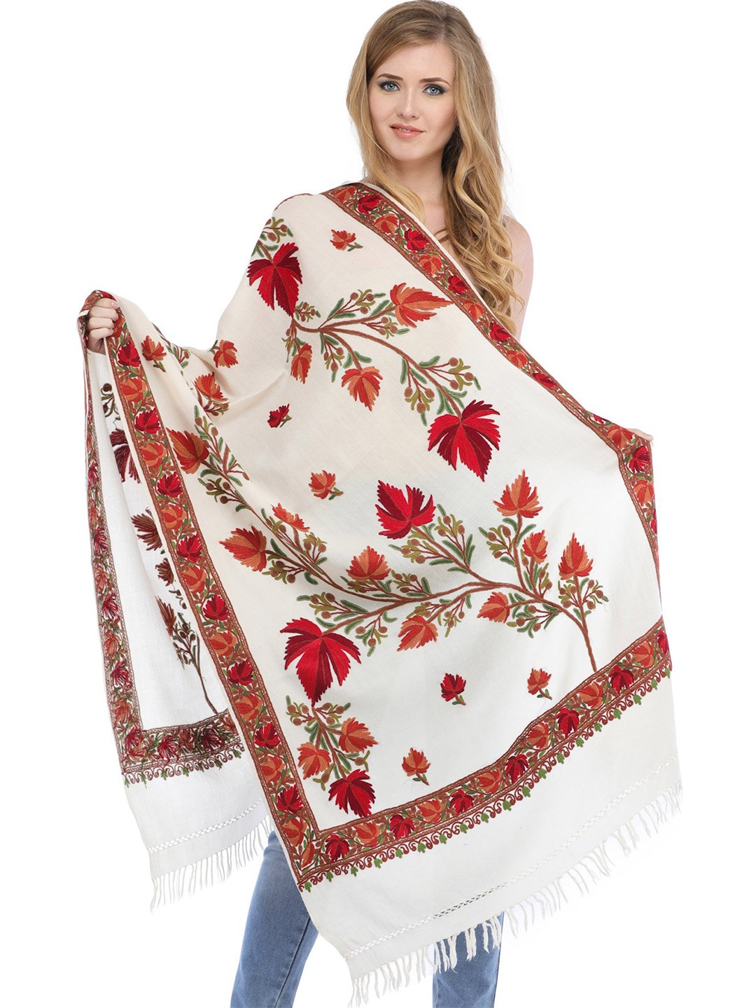 

Exotic India Aari-Embroidered Maple Leaves by Hand Pure Wool Kashmiri Stole, White