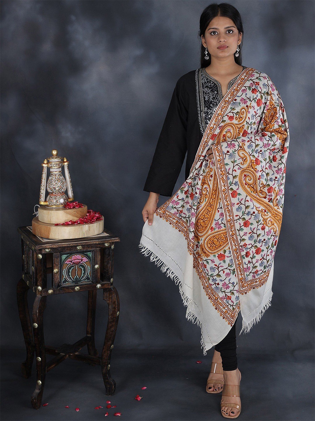 

Exotic India Aari Hand-Embroidered Flowers and Paisleys Pure Wool Kashmiri Stole, White