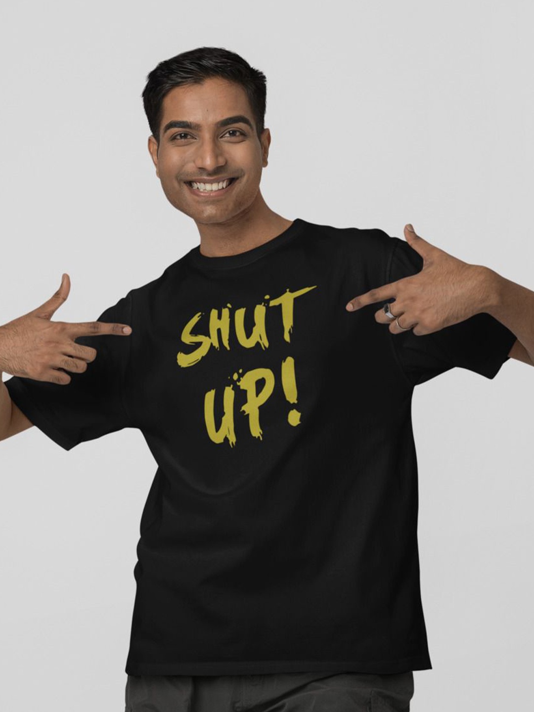 

Calm Down Typography Printed Round Neck Oversized T-shirt, Black