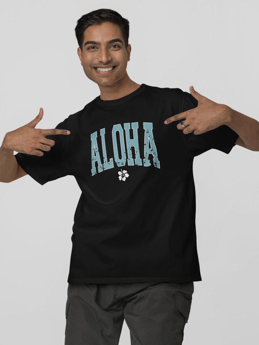 

Calm Down Typography Print Round Neck Oversized T-shirt, Black