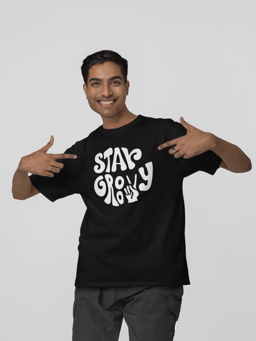 

Calm Down Men Oversized Typography Round Neck T-shirt, Black