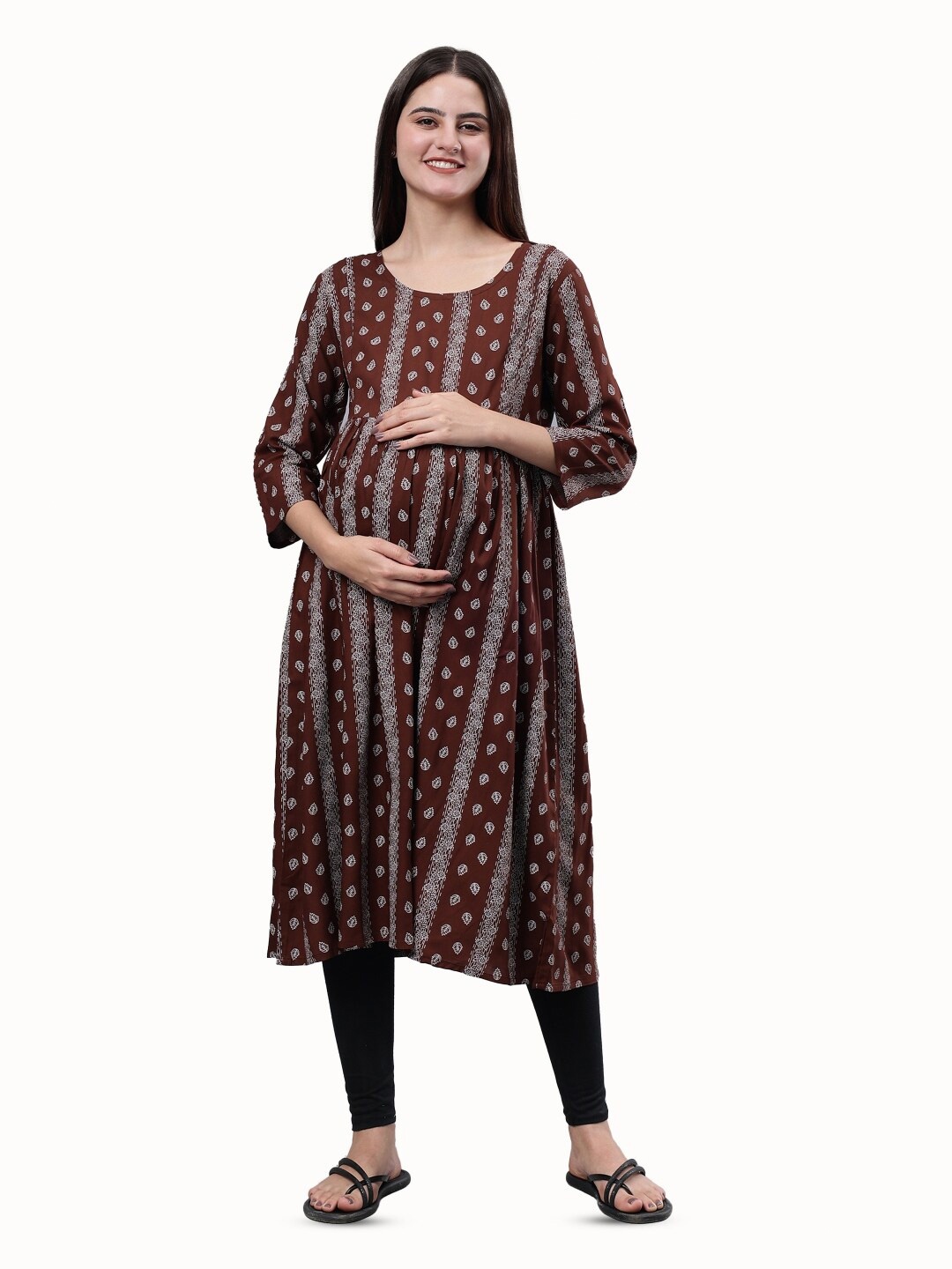 

CEE-18 Ethnic Motifs Round Neck Maternity Anarkali Kurta, Brown