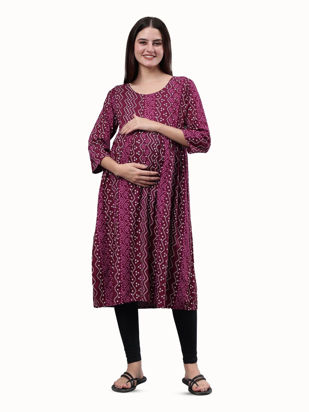 

CEE-18 Bandhani Printed Round Neck Maternity Anarkali Kurta, Violet