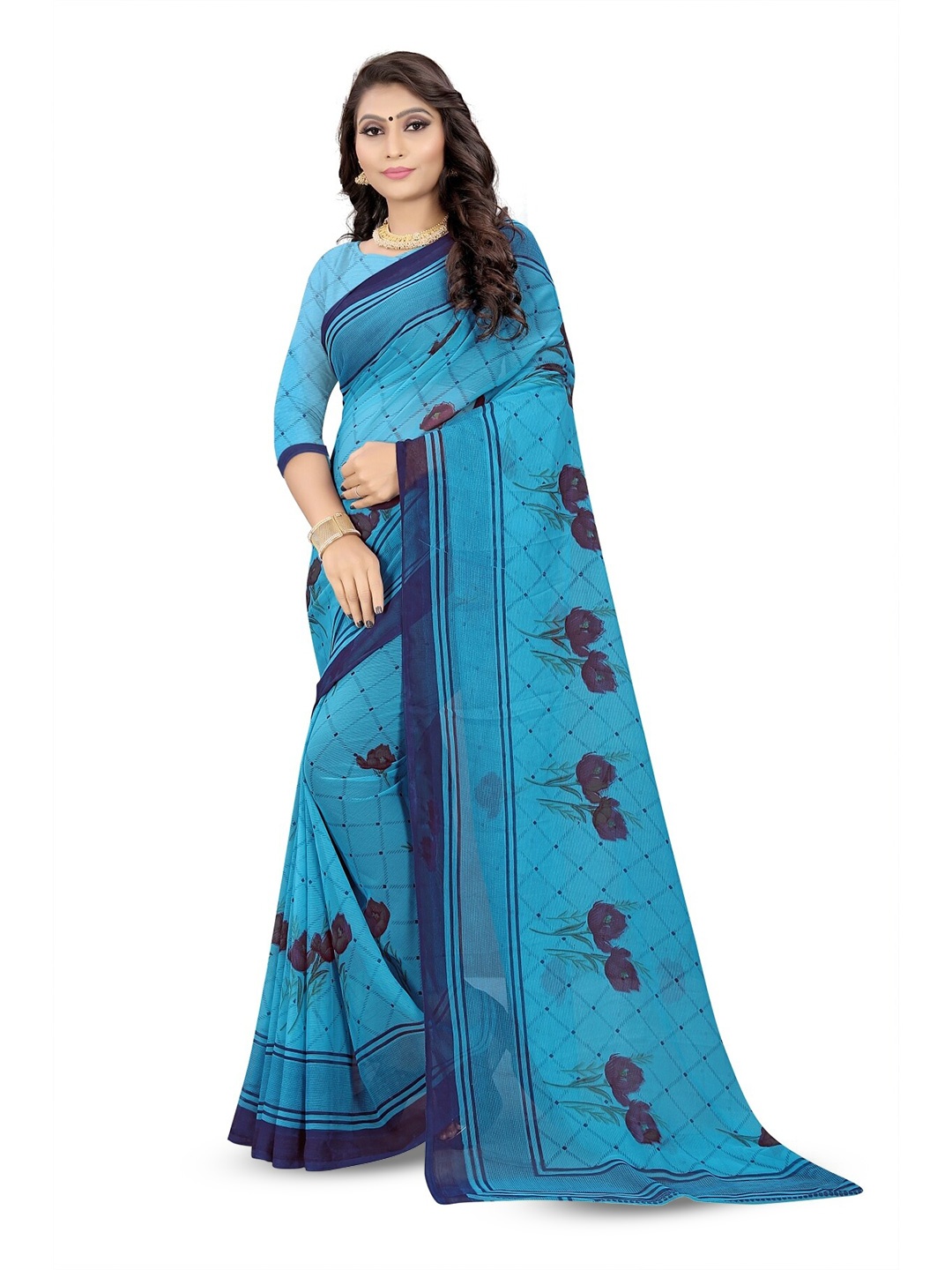 

RUNAYA NX Floral Pure Georgette Ready to Wear Saree, Blue