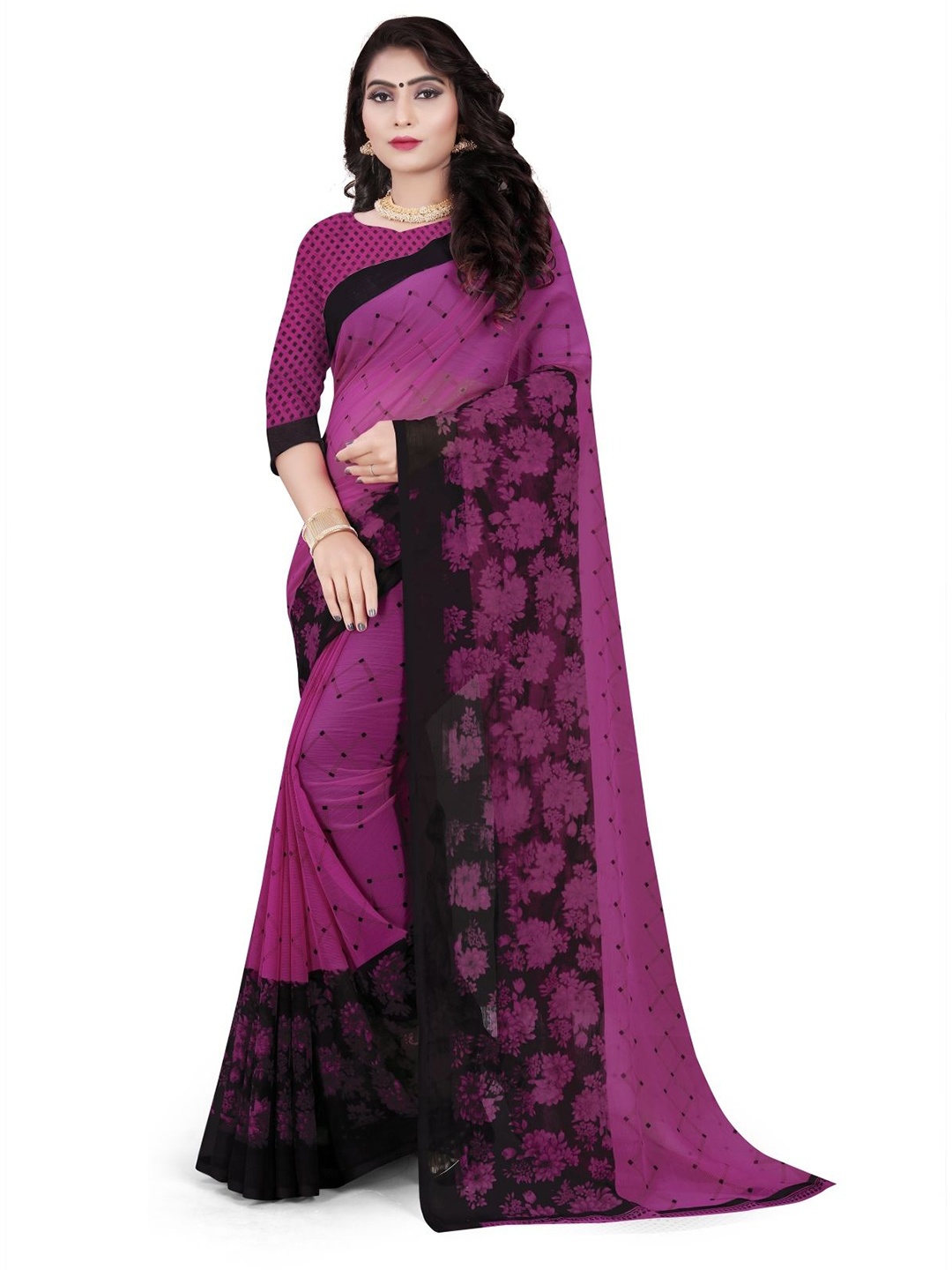 

RUNAYA NX Floral Printed Pure Georgette Saree, Purple