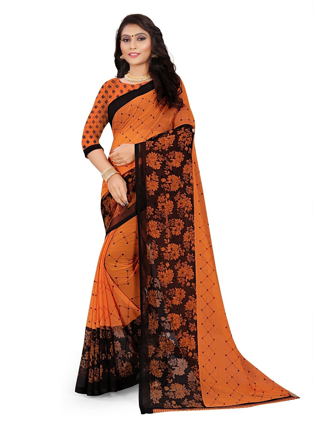 

RUNAYA NX Floral Pure Georgette Saree, Orange