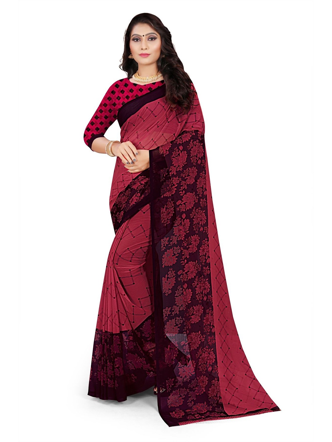 

RUNAYA NX Floral Pure Georgette Saree, Pink