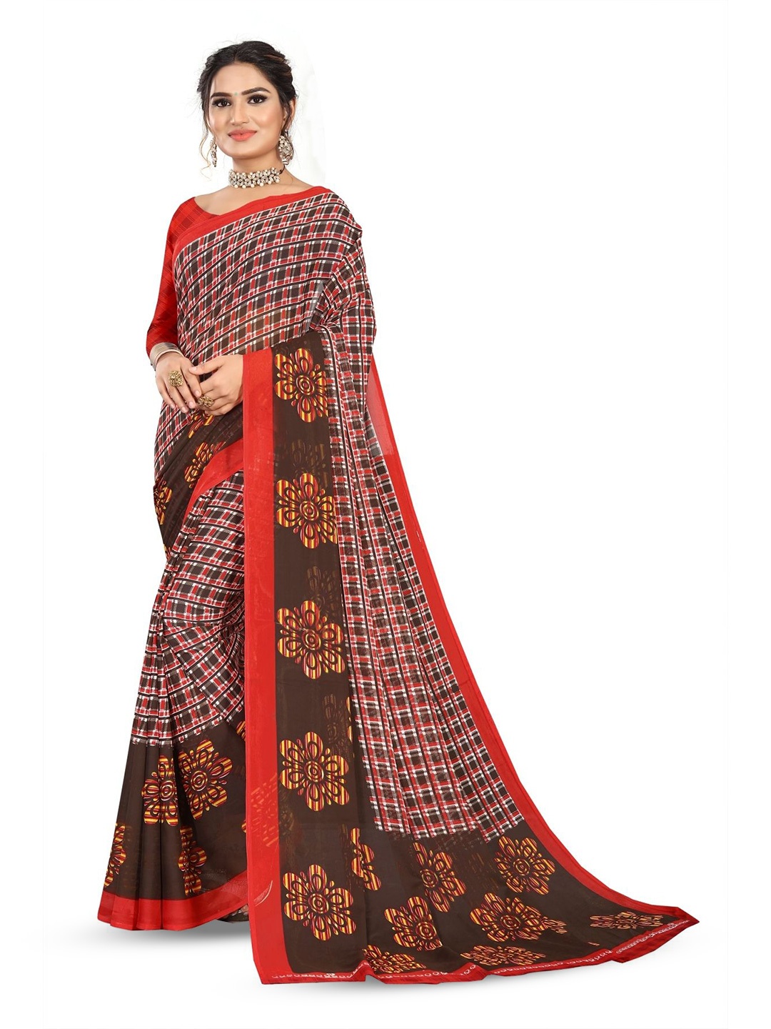 

RUNAYA NX Checked Pure Georgette Saree, Red