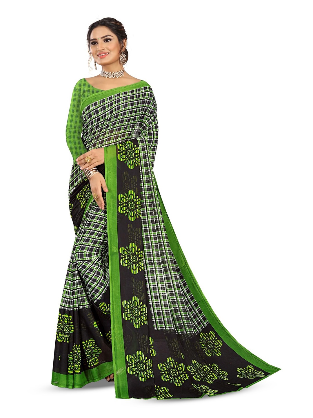 

RUNAYA NX Checked Pure Georgette Ready to Wear Saree, Green