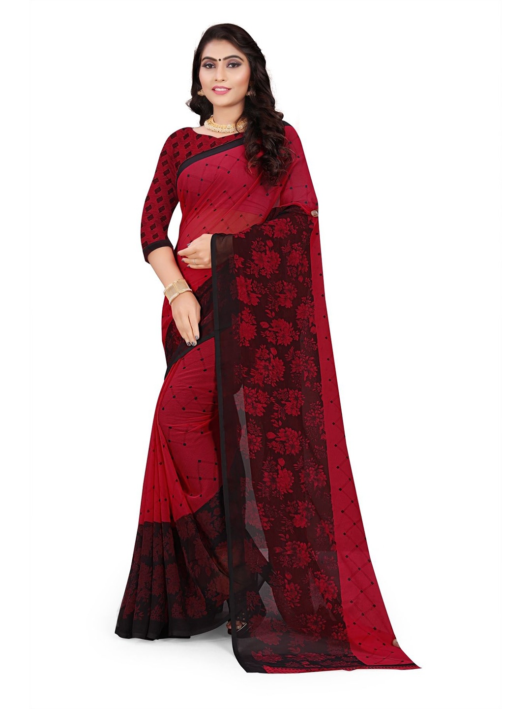 

RUNAYA NX Floral Pure Georgette Ready to Wear Saree, Red