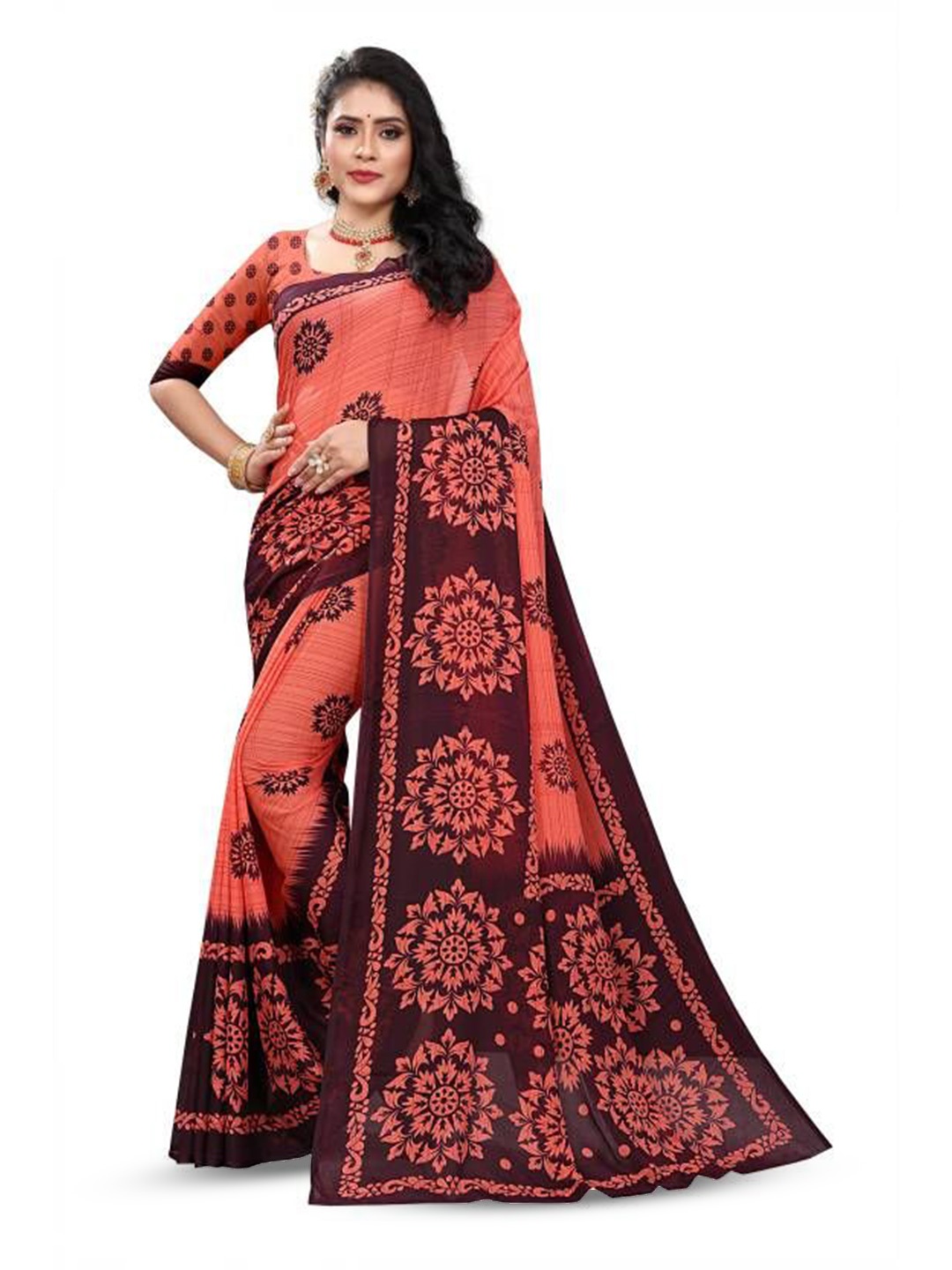 

RUNAYA NX Floral Pure Georgette Ready to Wear Saree, Orange