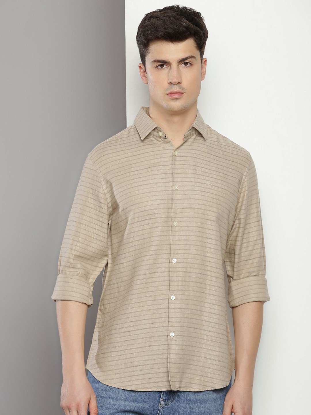 

Calvin Klein Jeans Horizontal Stripes Spread Collar Pure Cotton Casual Shirt, Beige