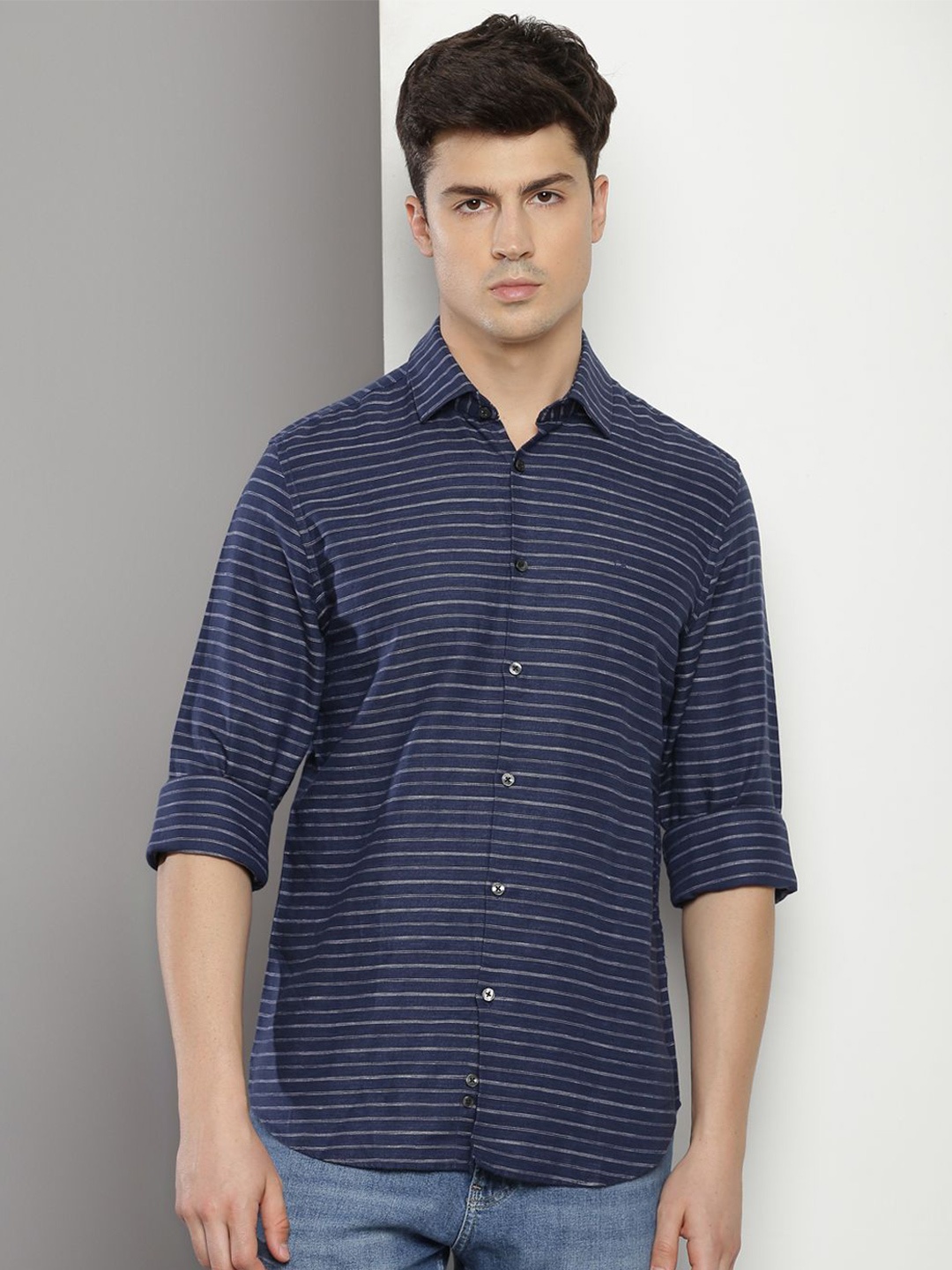 

Calvin Klein Jeans Horizontal Striped Spread Collar Long Sleeves Cotton Casual Shirt, Navy blue