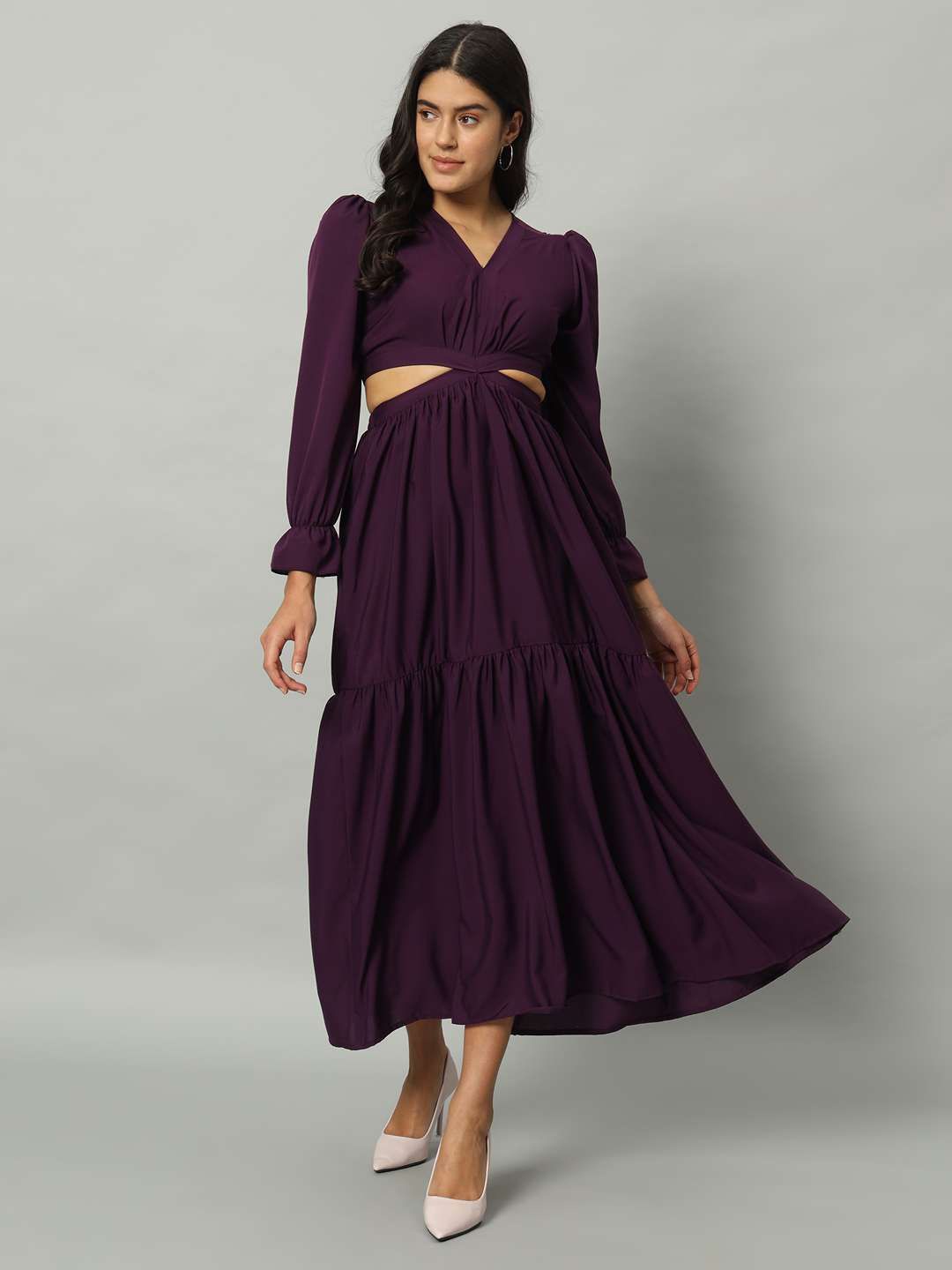 

OTABU V-Neck Puff Sleeves Cut-Outs Crepe Maxi Dress, Purple