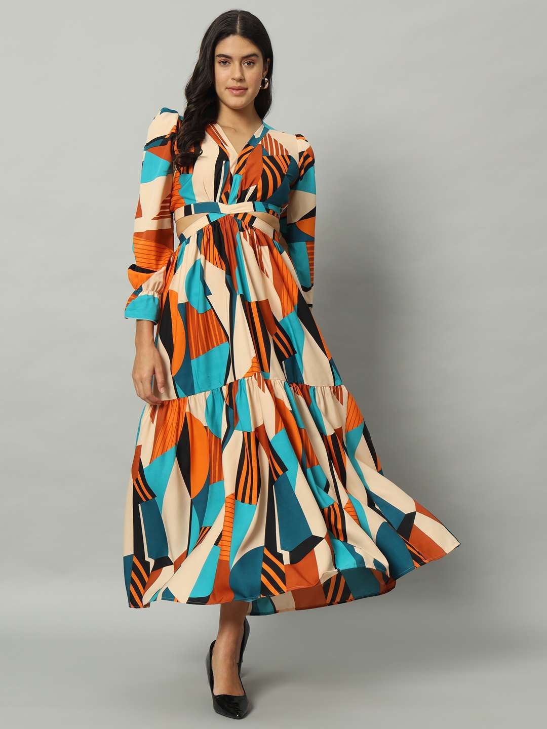 

OTABU Abstract Printed V-Neck Cut-Outs Detail Fit and Flare Dress, Multi