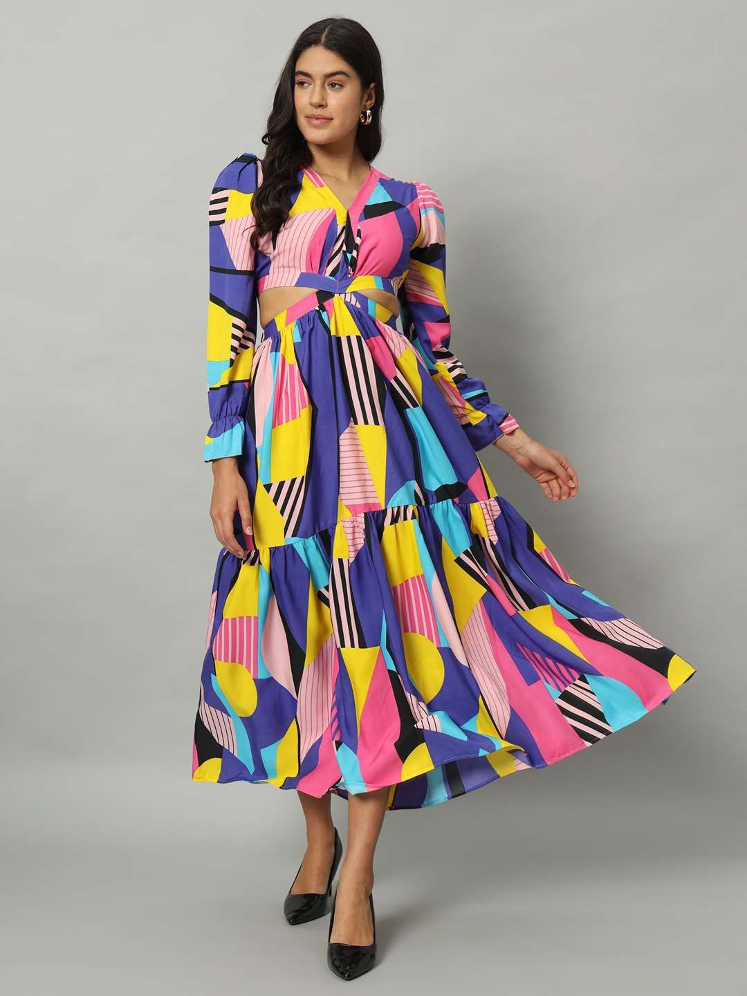 

OTABU Abstract Printed V-Neck Cut-Outs Detail Fit and Flare Dress, Multi