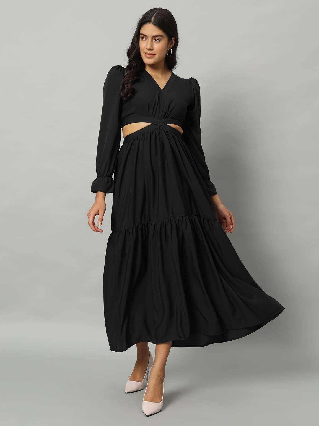 

OTABU V-Neck Puff Sleeves Cut-Outs Crepe Maxi Dress, Black