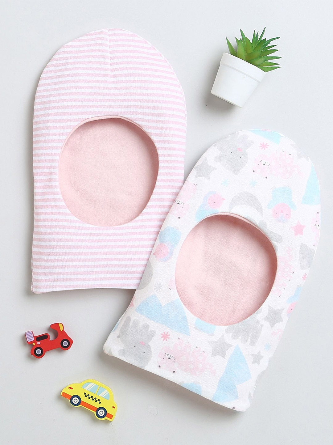 

BUMZEE Infants Girls Pack Of 2 Printed Reversible Balaclava Caps, Pink