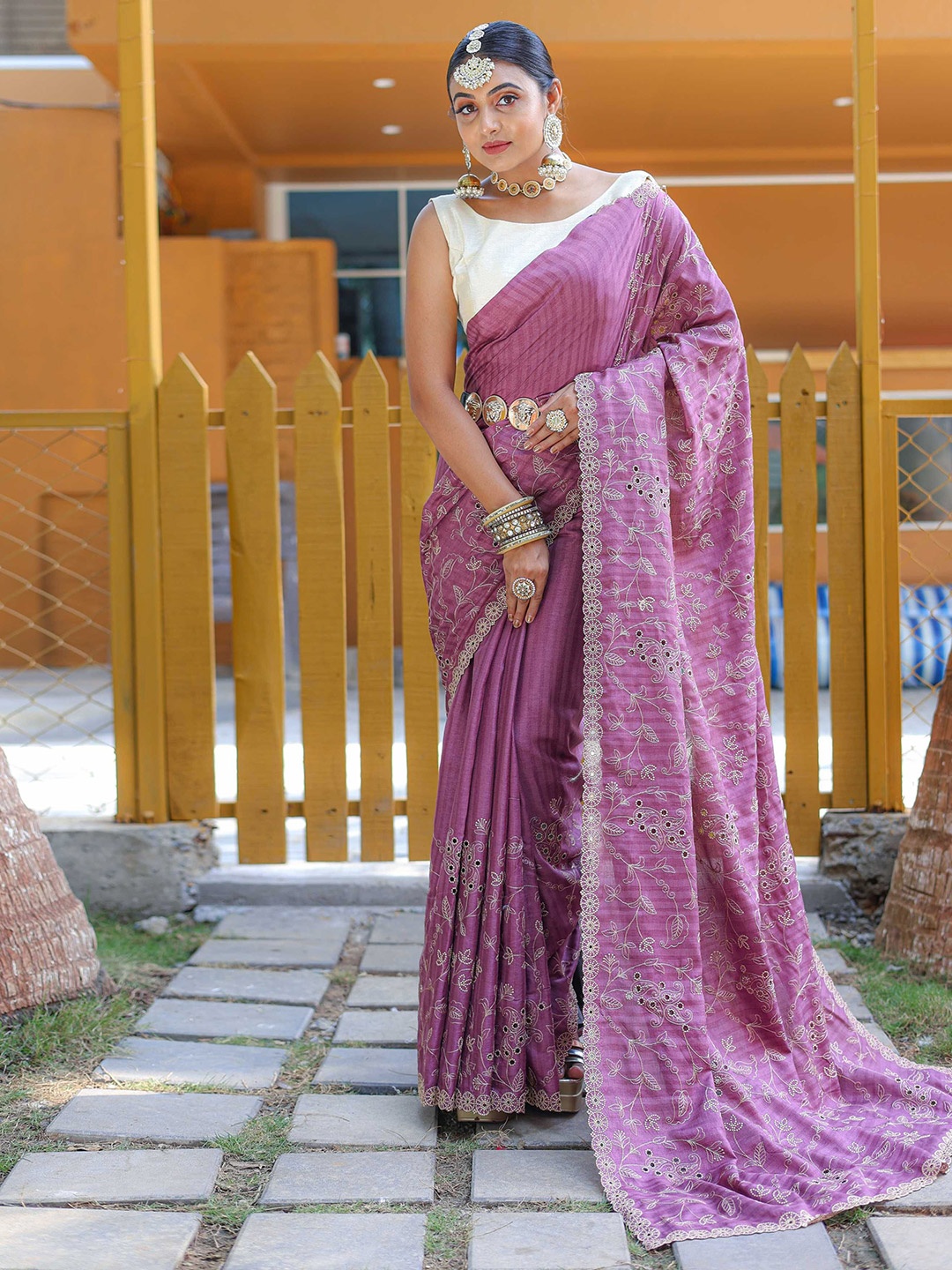 

Mitera Embellished Embroidered Saree, Lavender