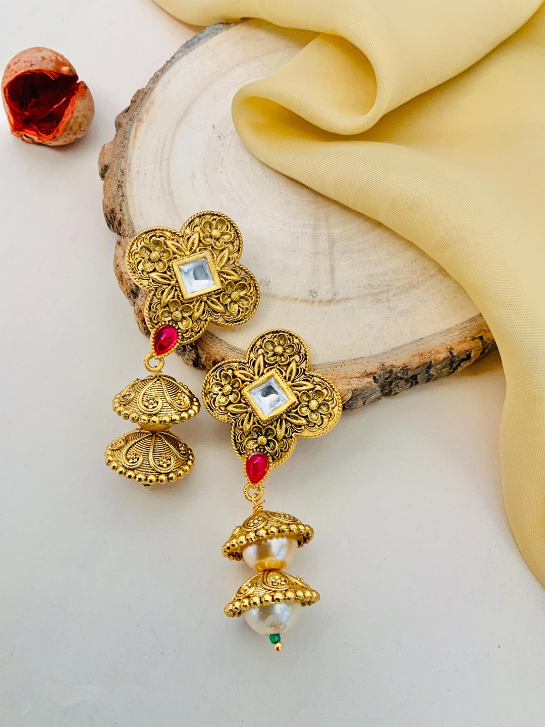 

ABDESIGNS Gold-Plated Kundan Studded & Beaded Classic Drop Earrings