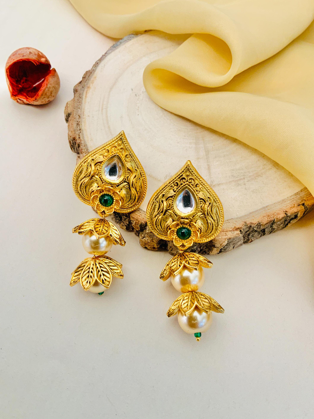 

ABDESIGNS Gold-Plated Kundan Studded & Beaded Classic Drop Earrings