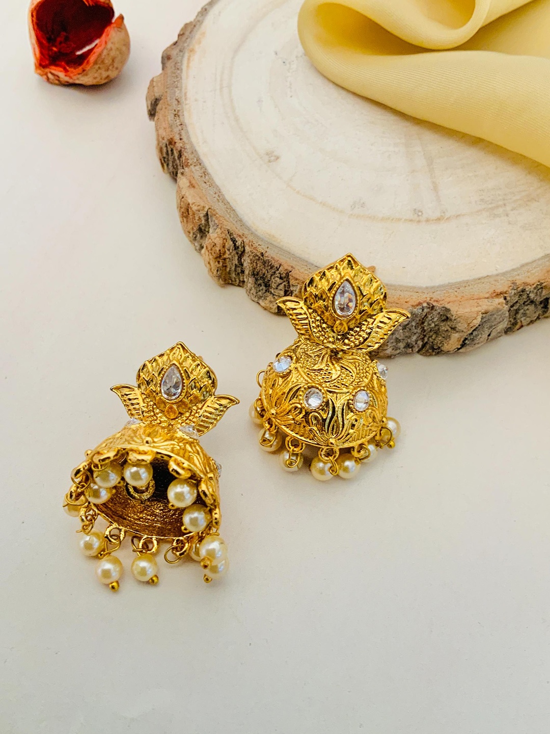 

ABDESIGNS Gold-Plated Kundan Studded & Beaded Antique Dome Shaped Jhumkas