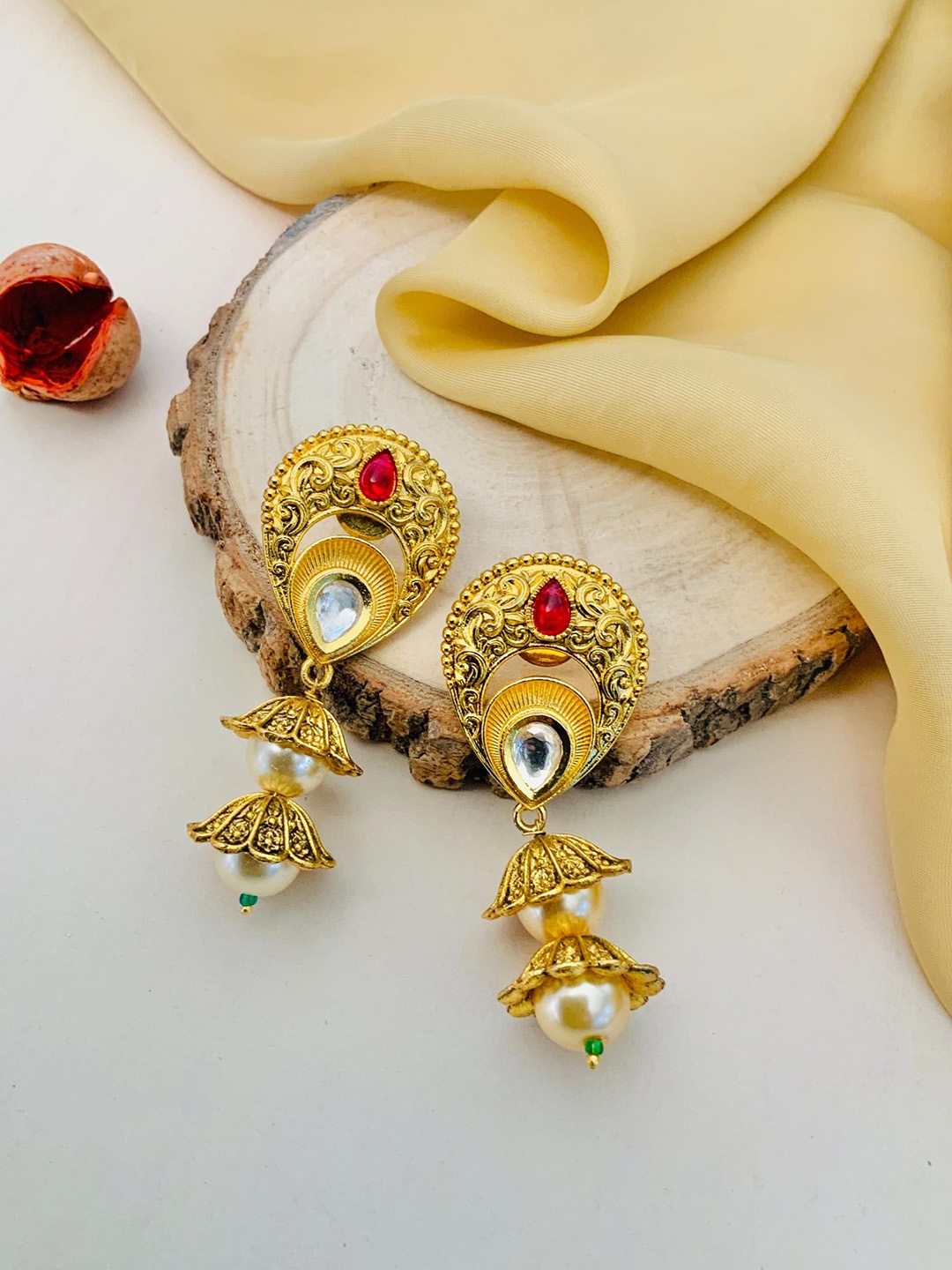 

ABDESIGNS Gold-Plated Kundan Studded & Beaded Classic Drop Earrings