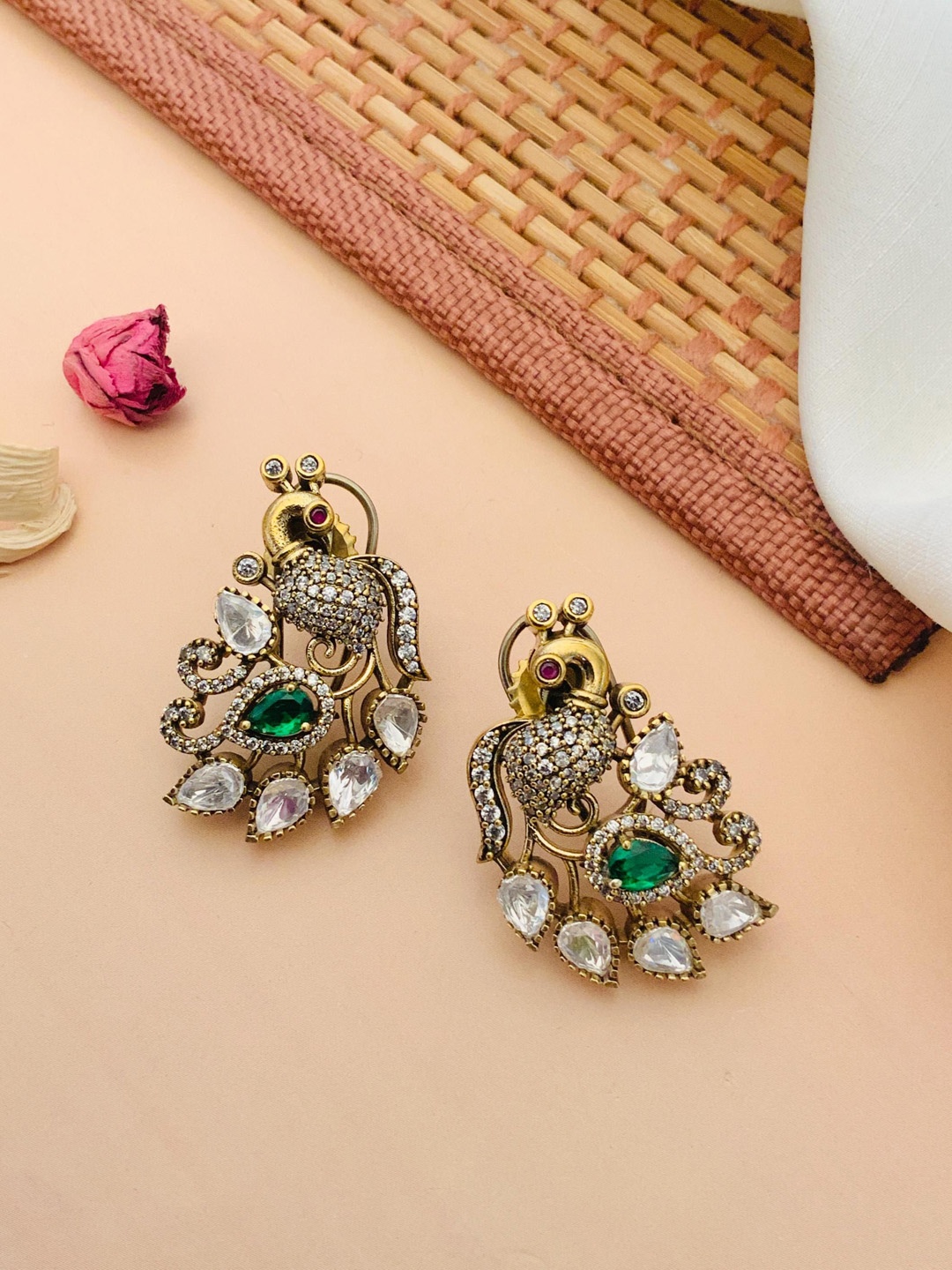 

ABDESIGNS Gold-Plated Stone Studded Peacock Shaped Studs Earrings