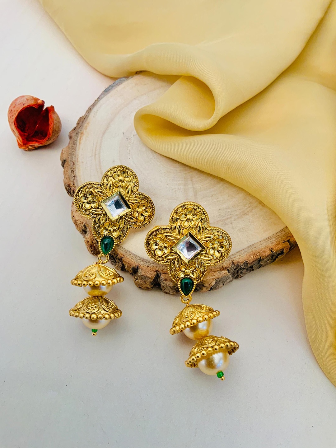 

ABDESIGNS Gold-Plated Kundan Studded & Beaded Classic Drop Earrings