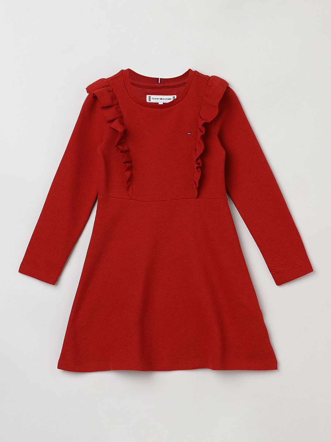 

Tommy Hilfiger Girls Round Neck Ruffles Cotton Fit & Flare Dress, Red