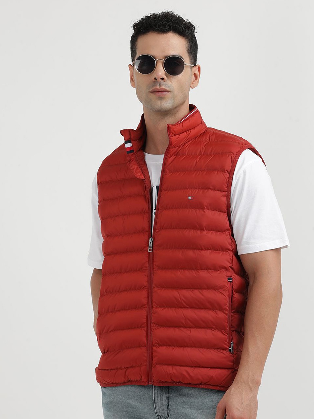 

Tommy Hilfiger Mock Collar Sleeveless Puffer Jacket, Red