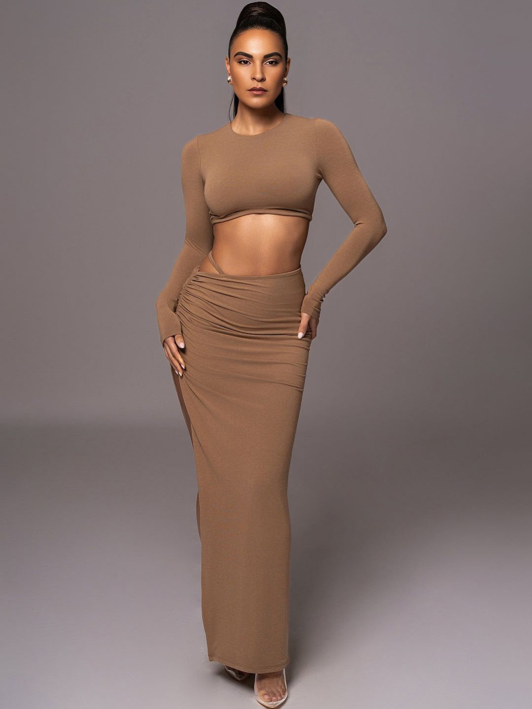 

Bee Boe Round Neck Crop Top & Skirt, Tan