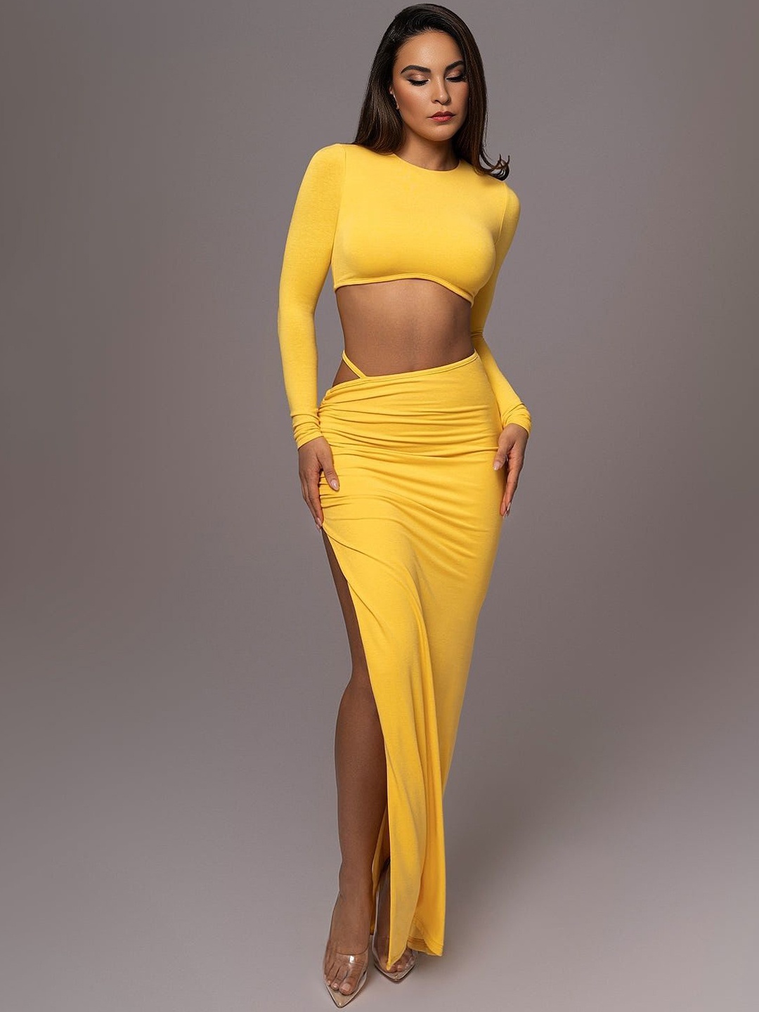 

Bee Boe Round Neck Long Sleeves Top With Skirt, Yellow