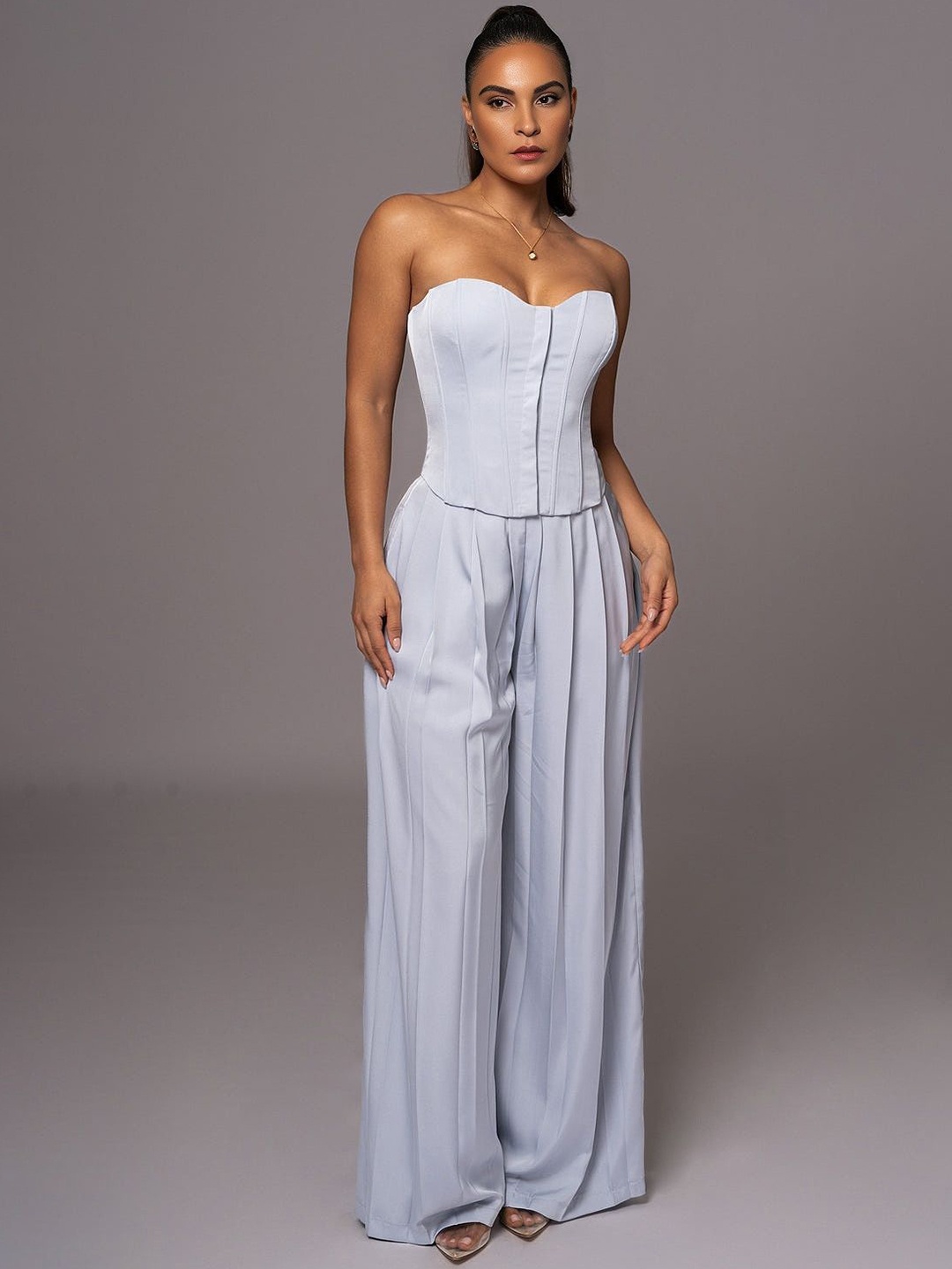 

Bee Boe Strapless Sleeveless Satin Top & Trousers, Blue