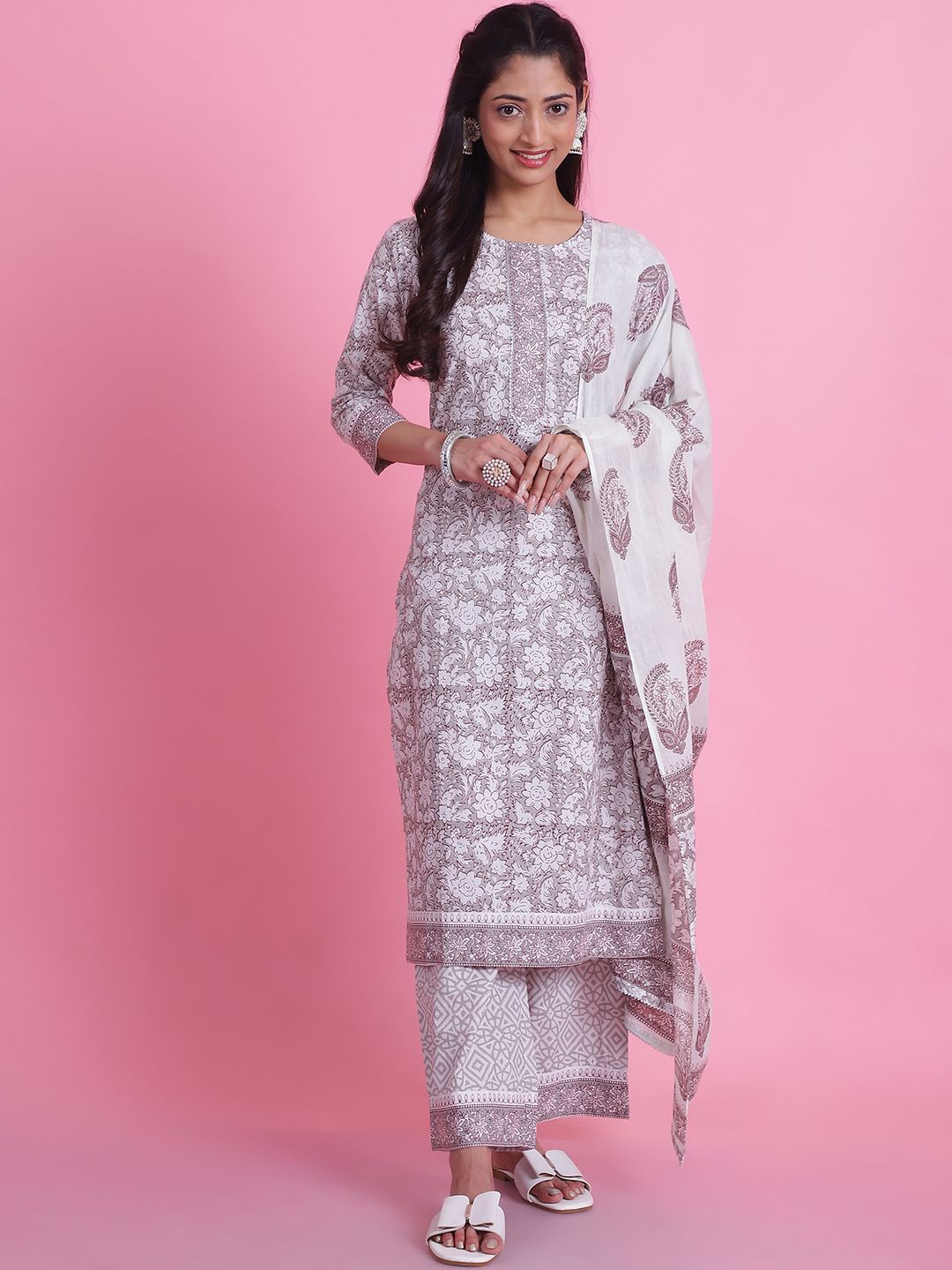 

Anouk Off White Ethnic Motifs Printed Regular Pure Cotton Kurta With Palazzos & Dupatta