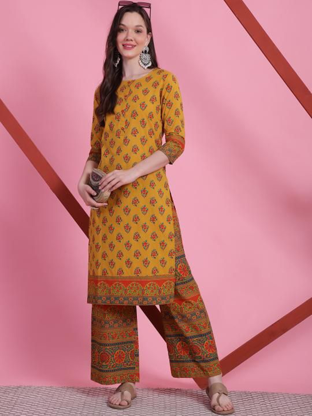 

Anouk Mustard Yellowe Ethnic Motifs Printed Regular Pure Cotton Kurta With Palazzos