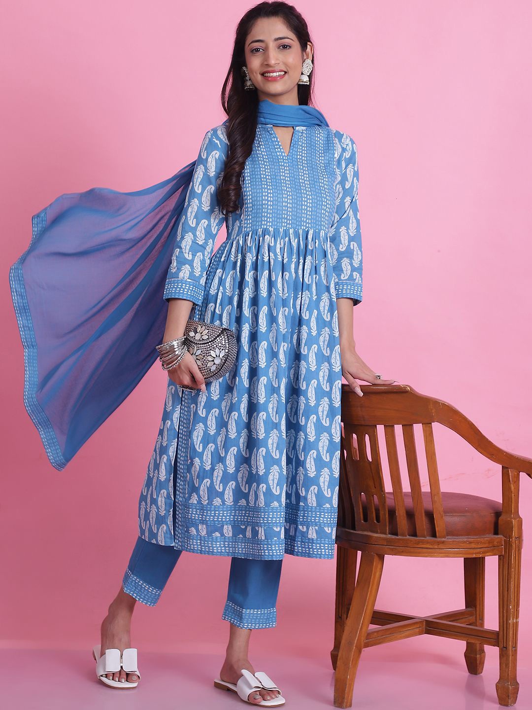 

Anouk Ethnic Motifs Print Mandarin Collar Pure Cotton A-Line Kurta With Palazzos & Dupatta, Blue