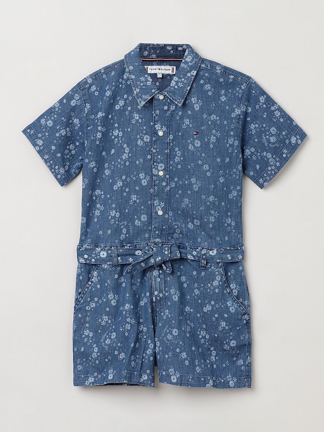 

Tommy Hilfiger Girls Printed Shirt Collar Basic Jumpsuit, Blue