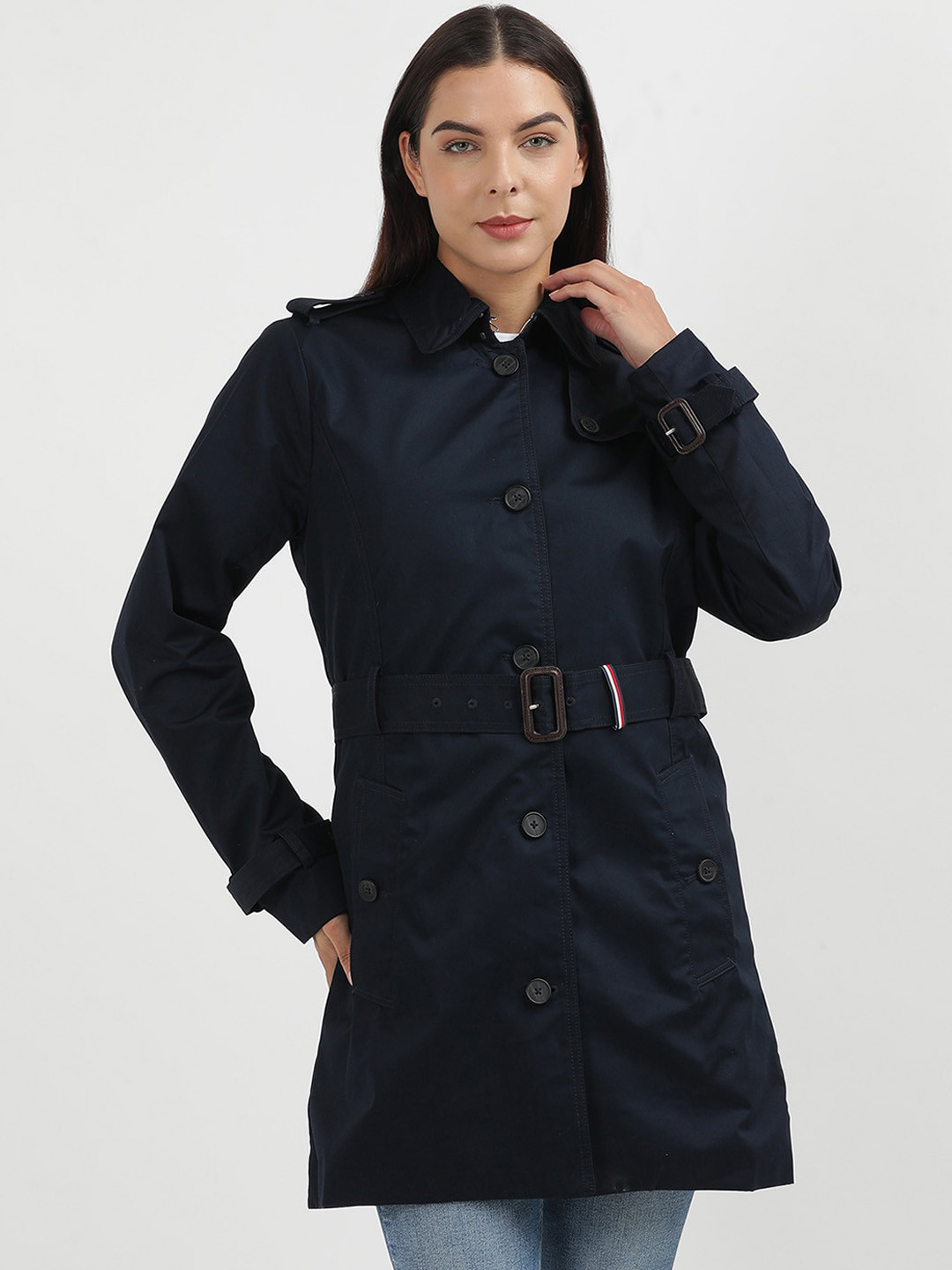 

Tommy Hilfiger Spread Collar Pure Cotton Longline Trench Overcoat, Navy blue