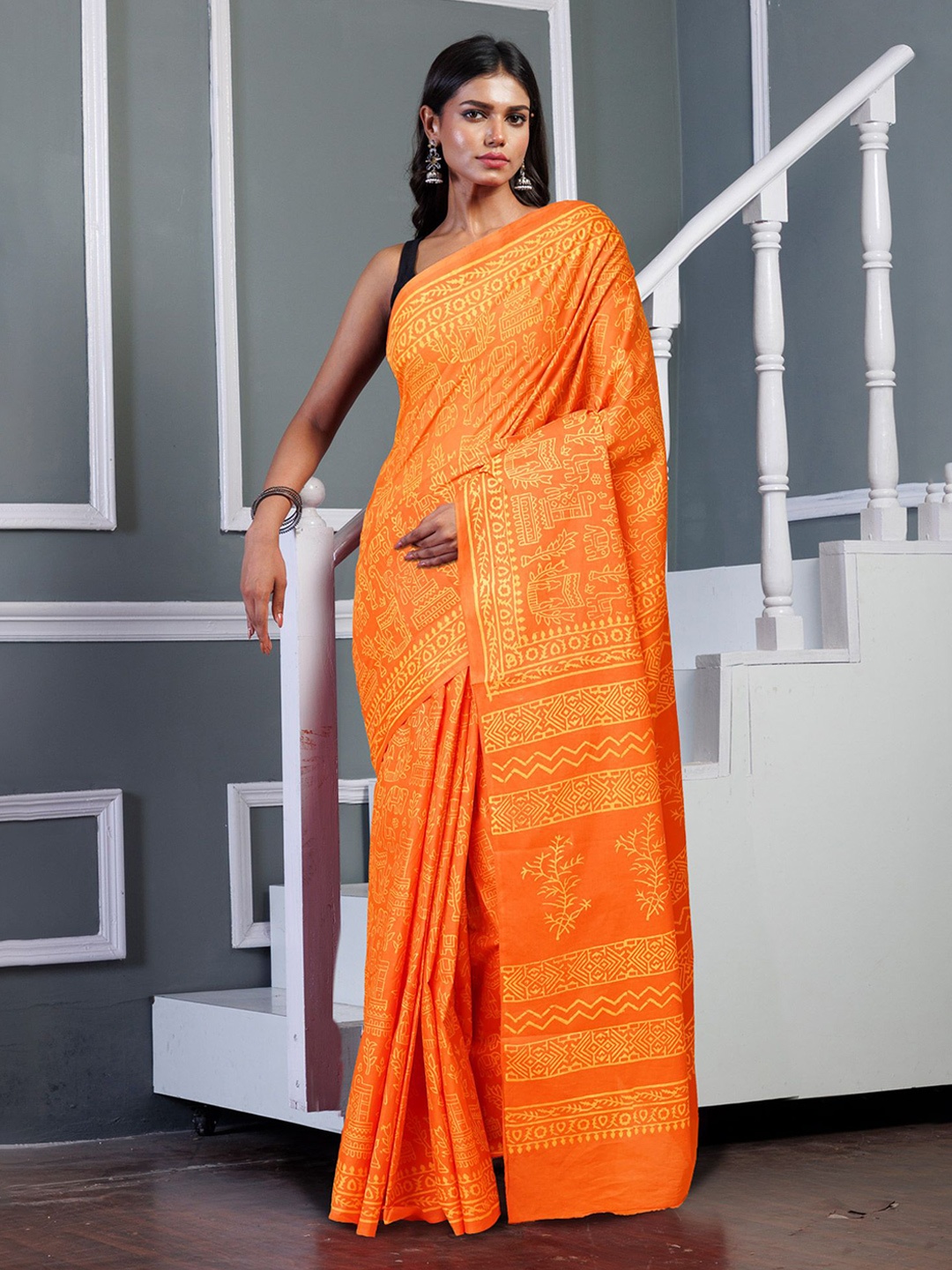 

Unnati Silks Ethnic Motifs Pure Cotton Handloom Block Print Saree, Orange