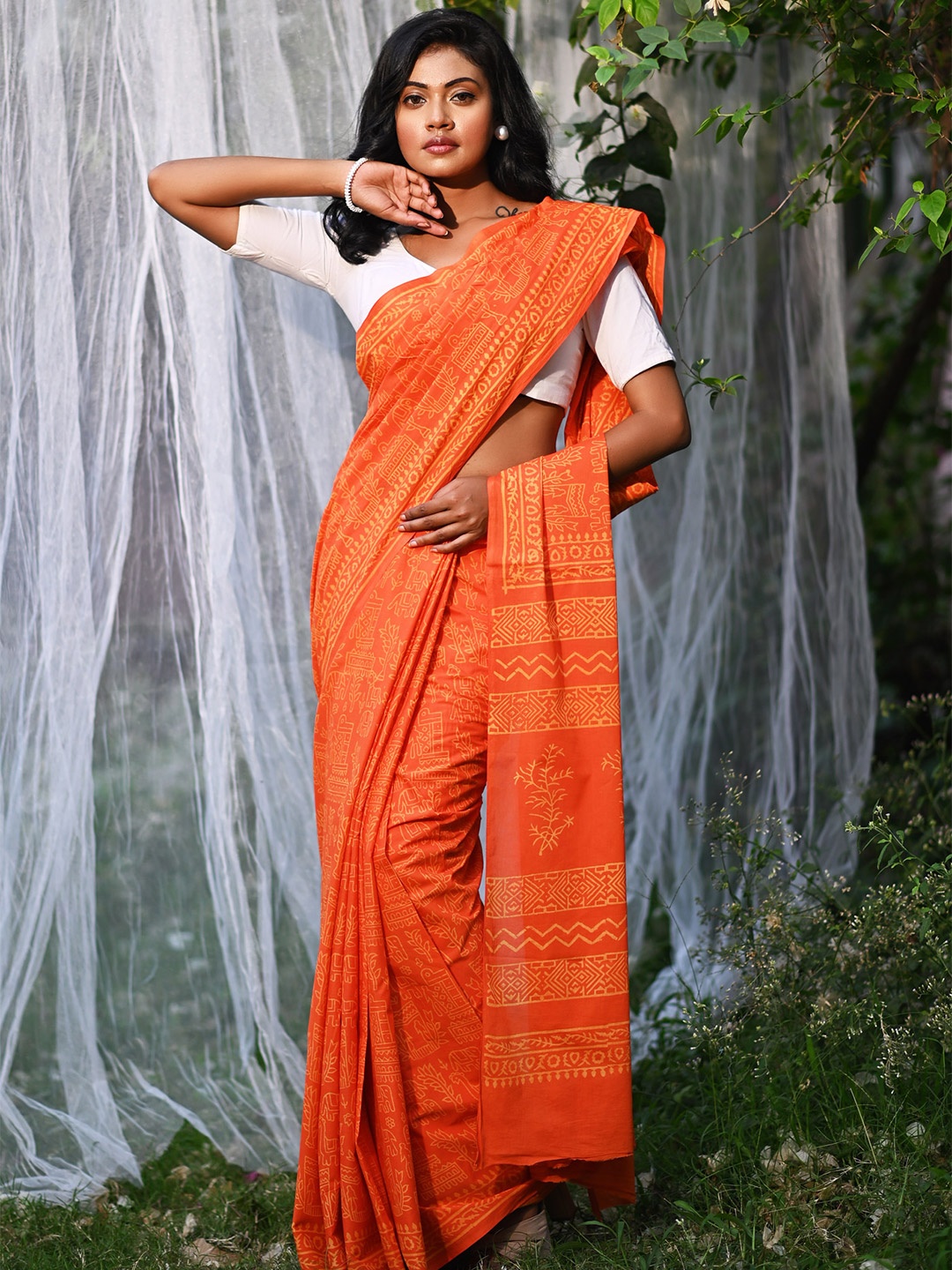 

Unnati Silks Ethnic Motifs Pure Cotton Handloom Block Print Saree, Orange