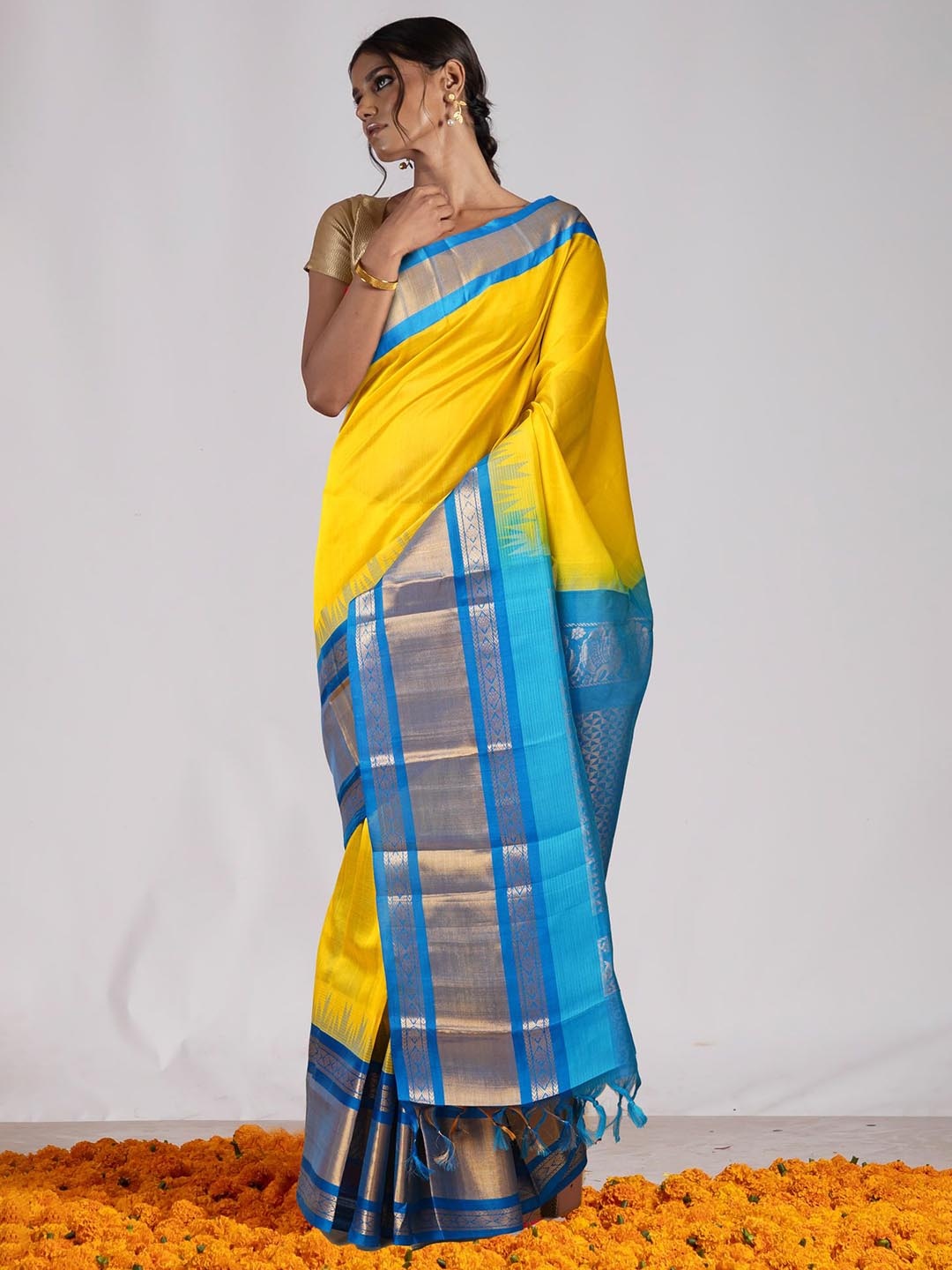 

Unnati Silks Woven Design Zari Pure Silk Handloom Saree, Yellow