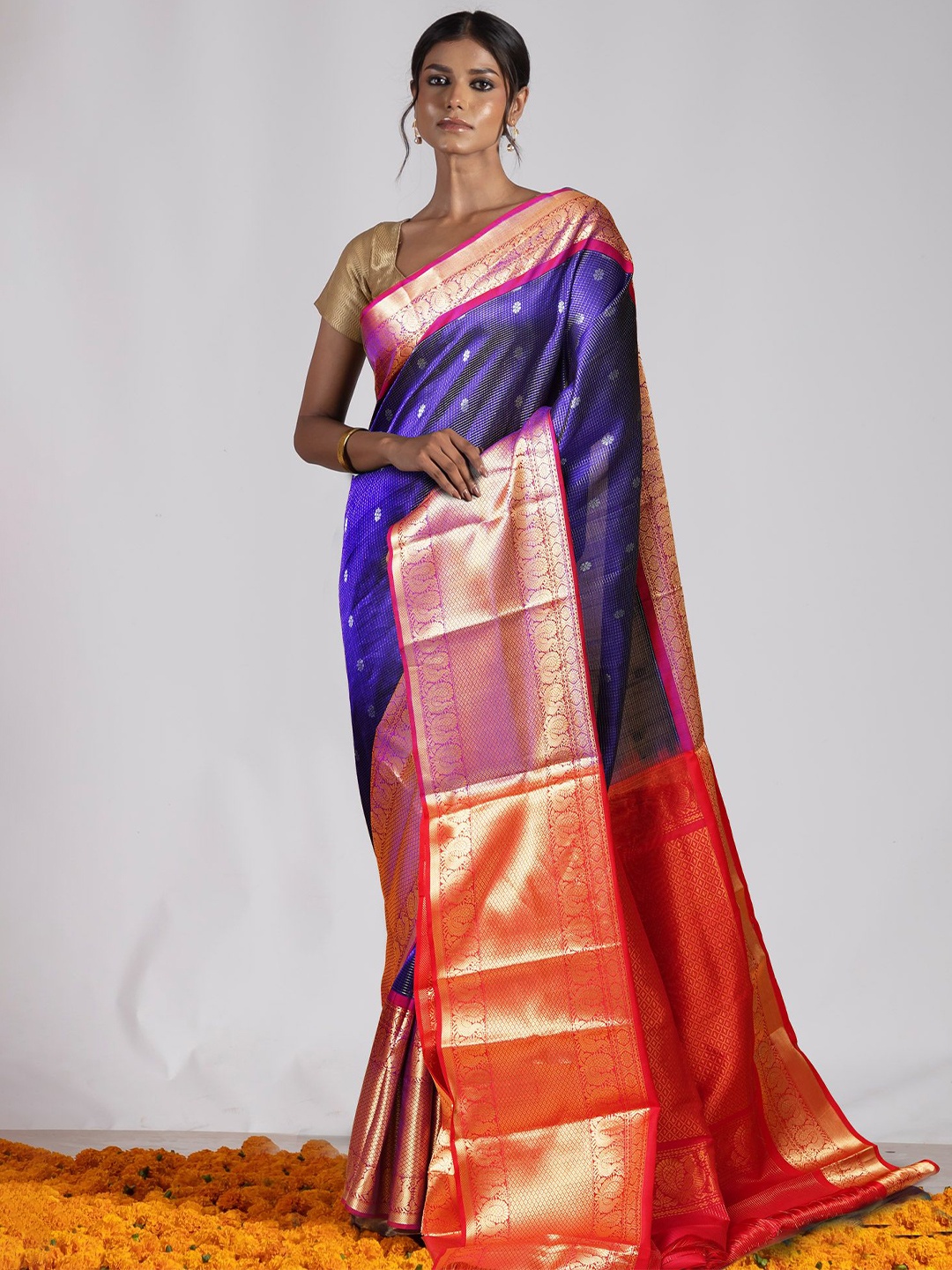 

Unnati Silks Woven Design Zari Pure Silk Handloom Kanjeevaram Saree, Blue