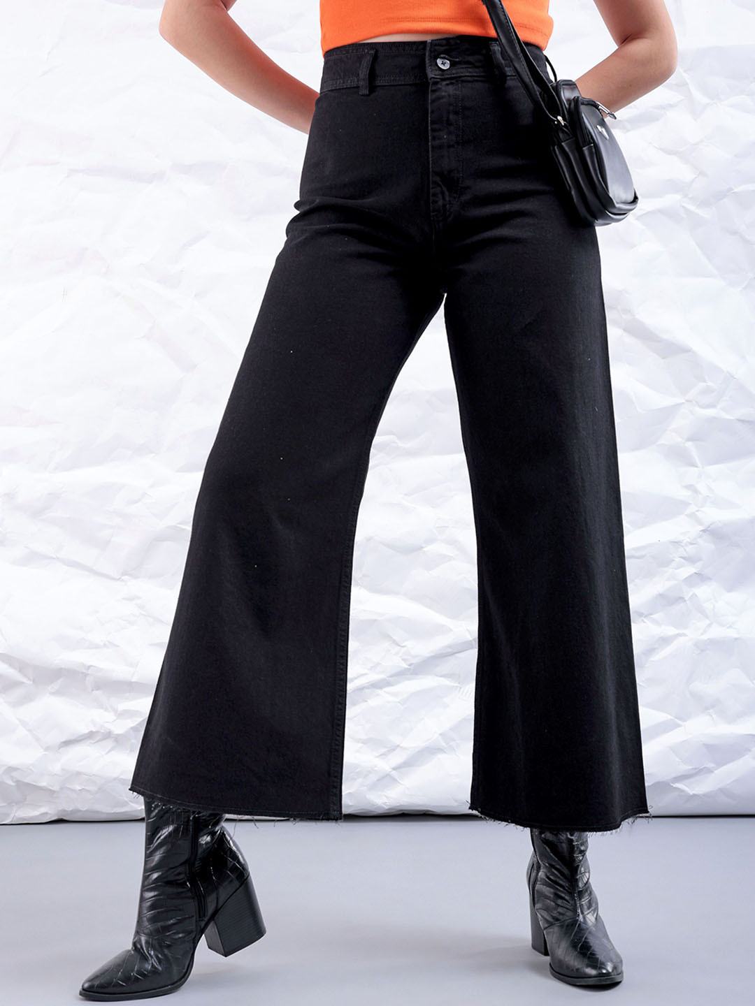 

Freehand by The Indian Garage Co Women Bootcut High-Rise Clean Look Pure Cotton Jeans, Black